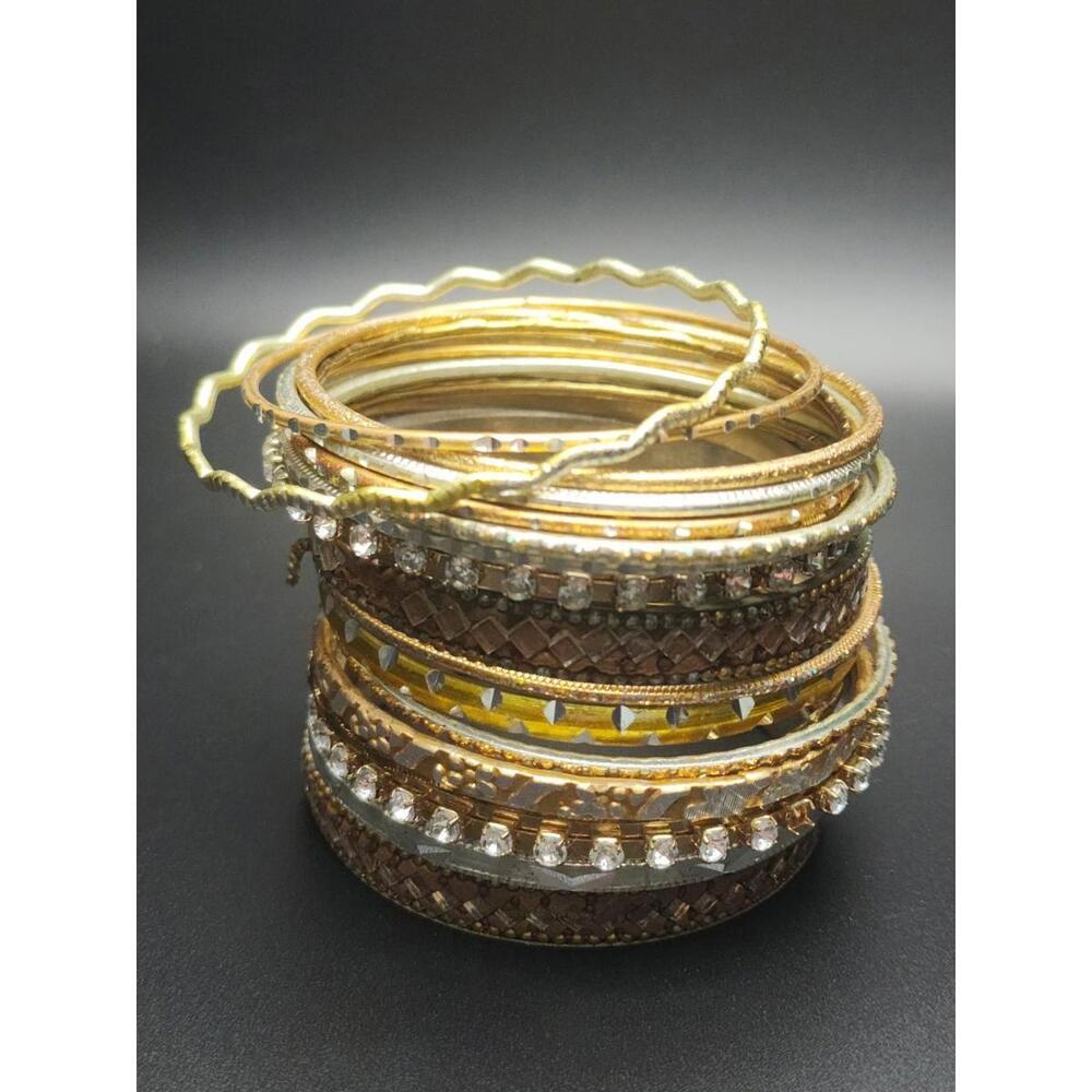 Mixed Metal Rhinestone Bangle Bracelet Set - Picture 3 of 3